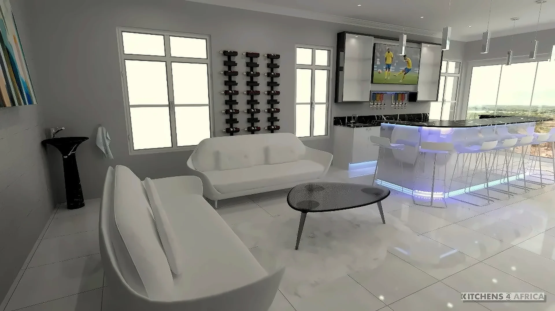 Design concept render of an entertainment room with bar and white sofas