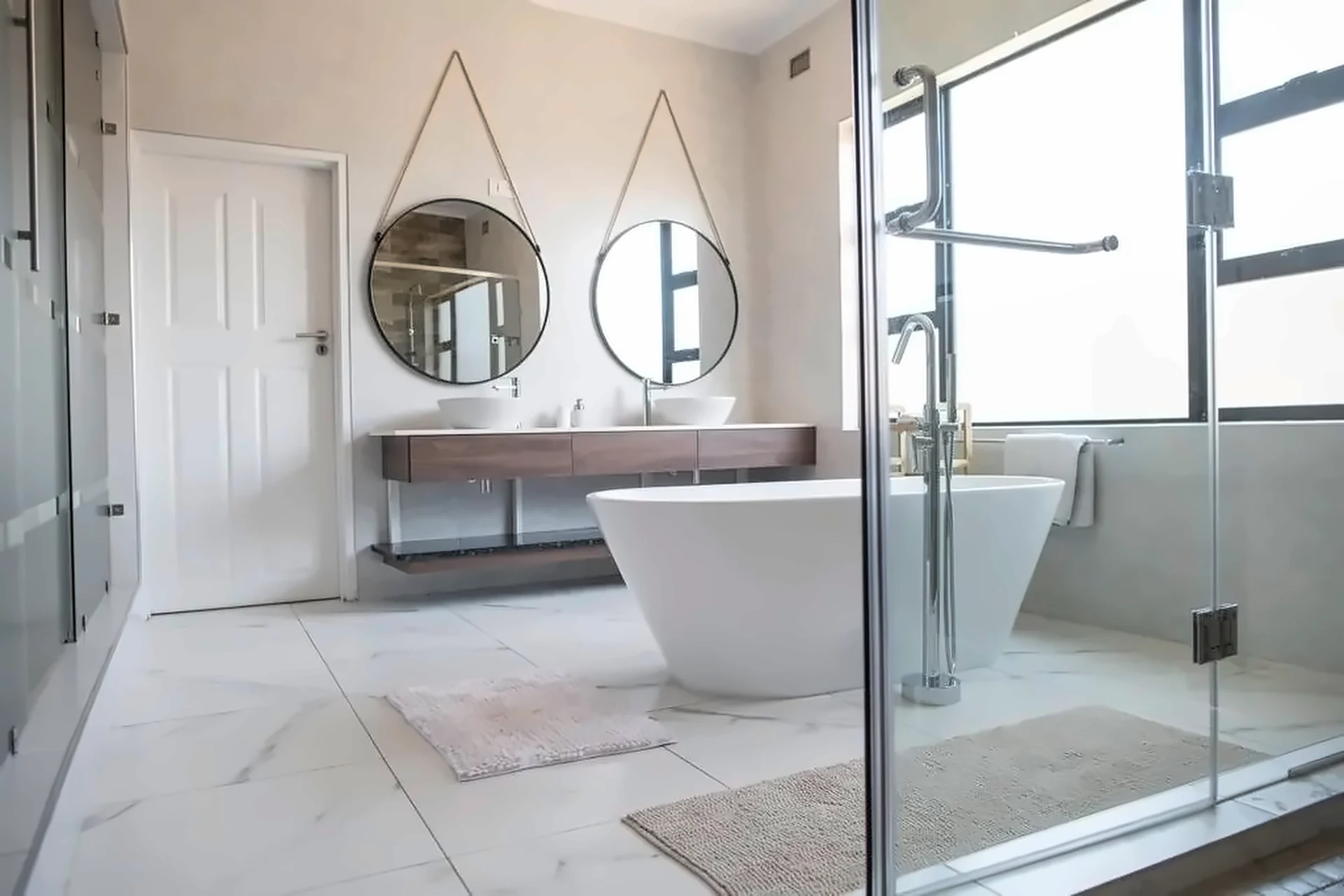 Floating timber vanity with twin round mirrors and freestanding bath
