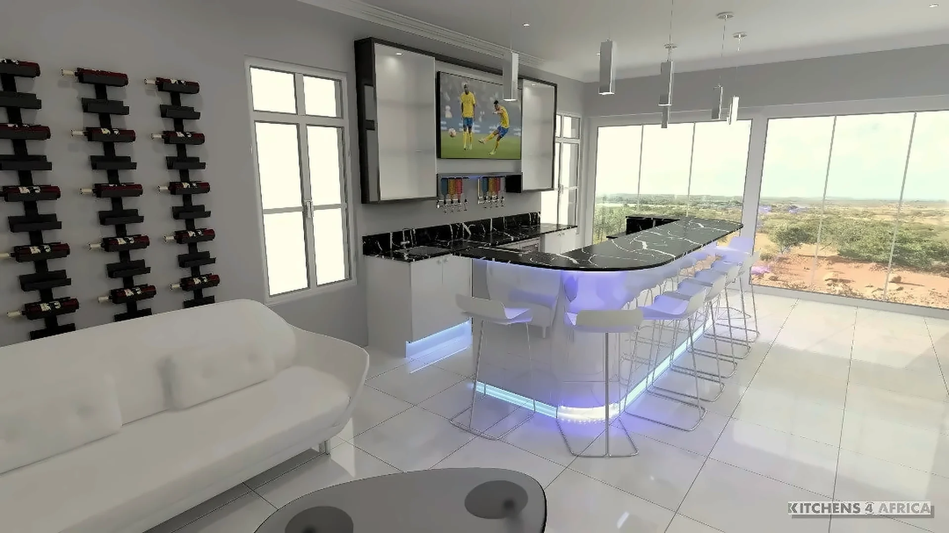 Design concept render of a bar with wine wall, lit counter and lounge
