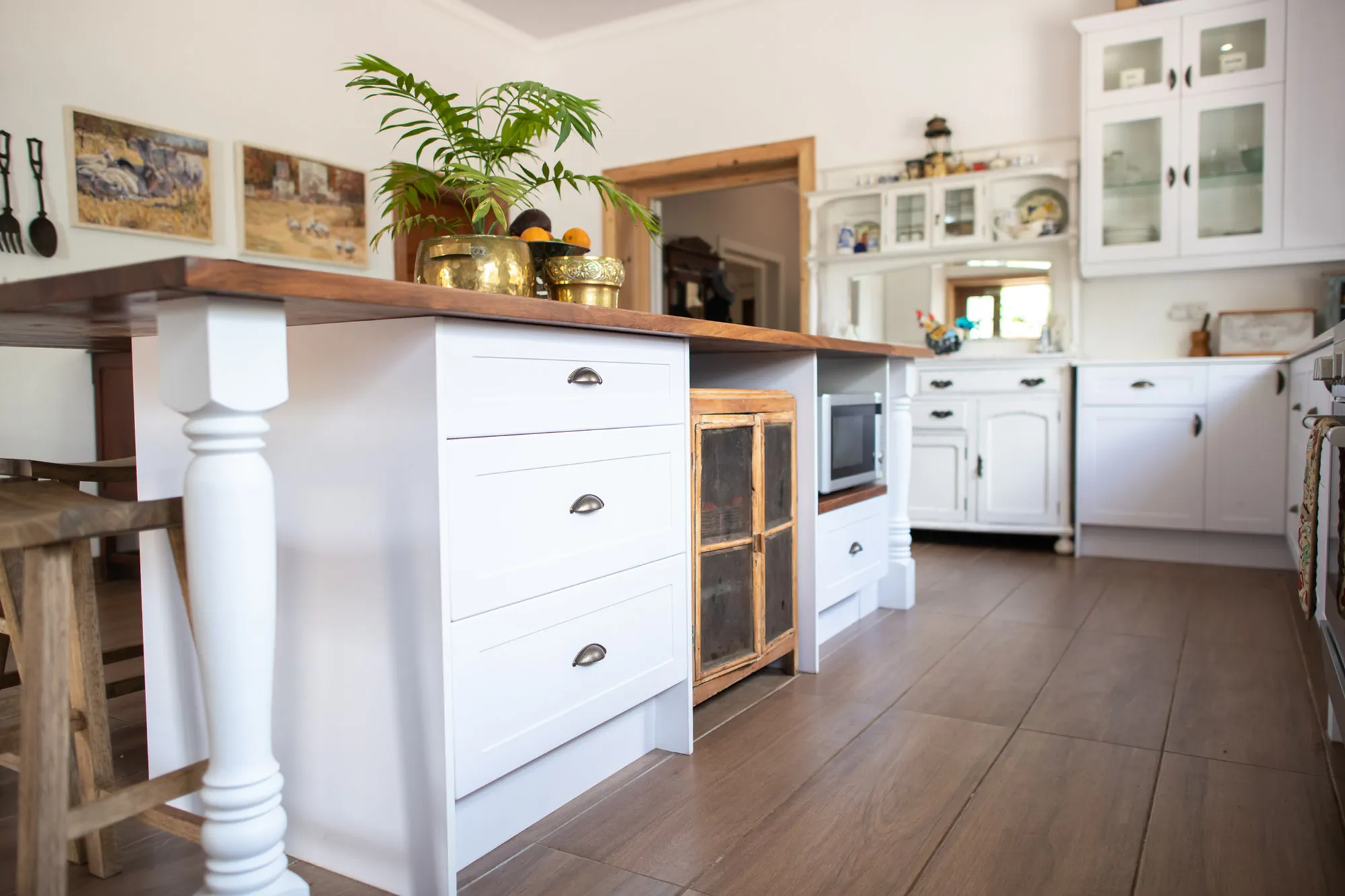 White island with turned leg, deep drawers and timber worktop